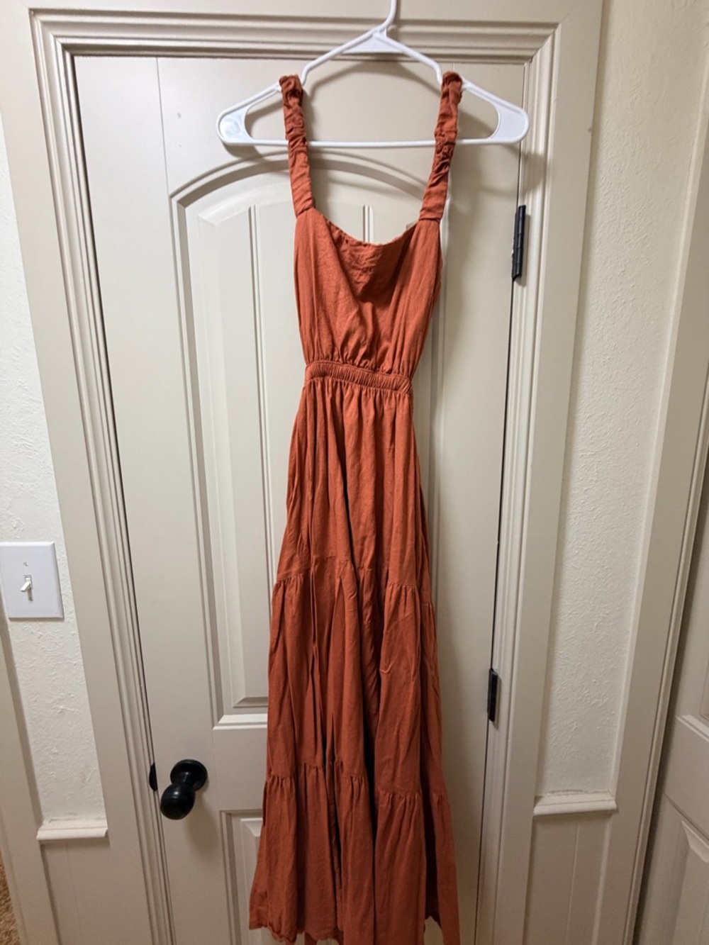 Abercrombie & Fitch Rust Orange Tiered Maxi Dress with Ruched Straps